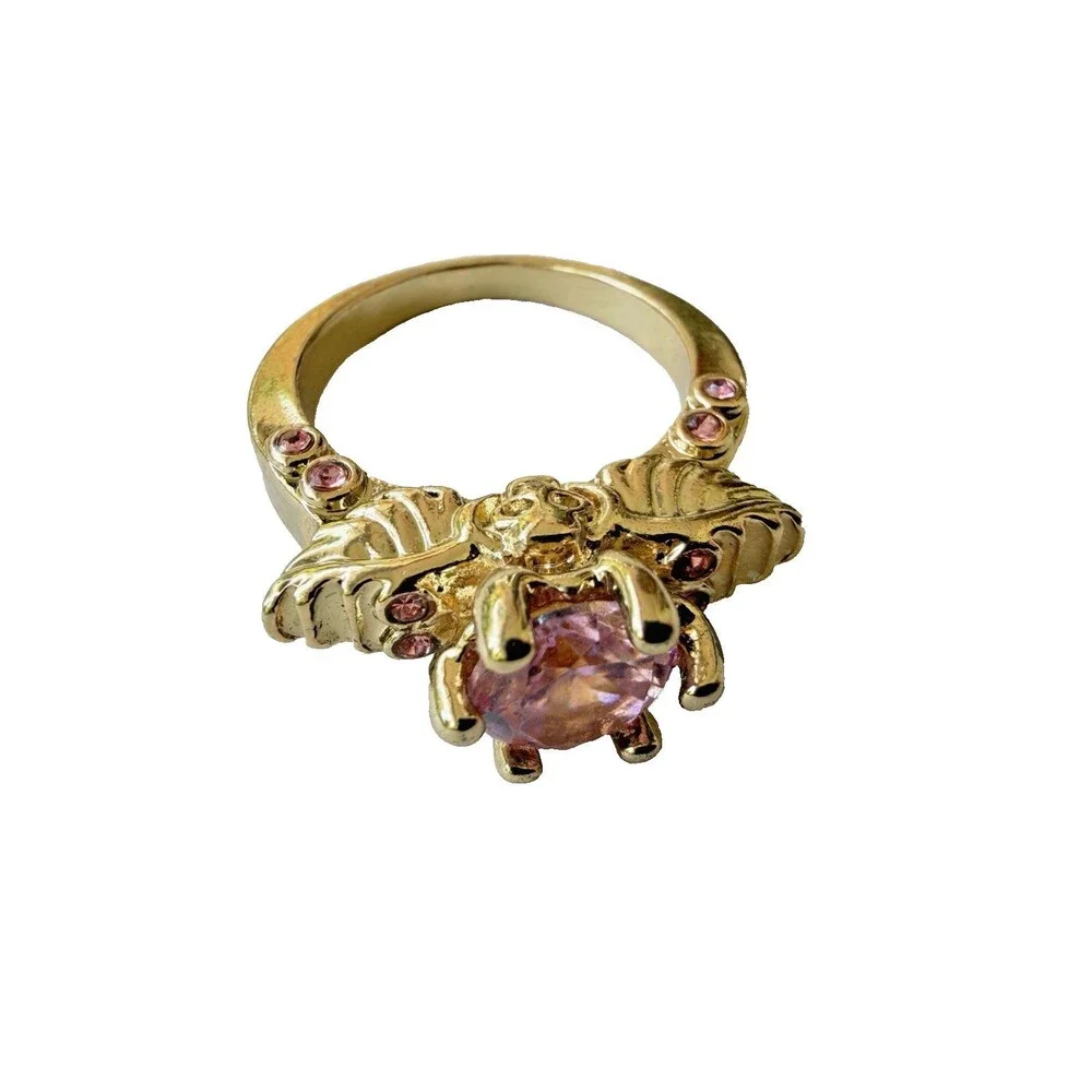 Vintage Style Pink Crystal Butterfly Fairy Skull Ring Gold Tone Statment Size 9